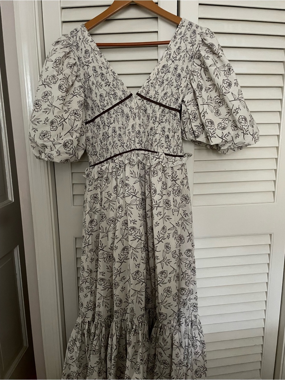 Ivory Maxi Dress with Black Floral Print and Puff Sleeves